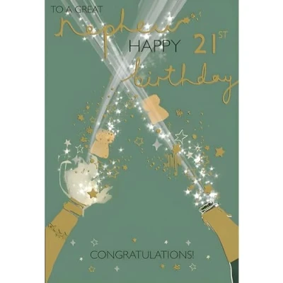 Image of Nephew 21st Birthday Card Age 21 Champagne Bottles and Stars Special Finishes Illustrated Insert Leaf Made in the UK