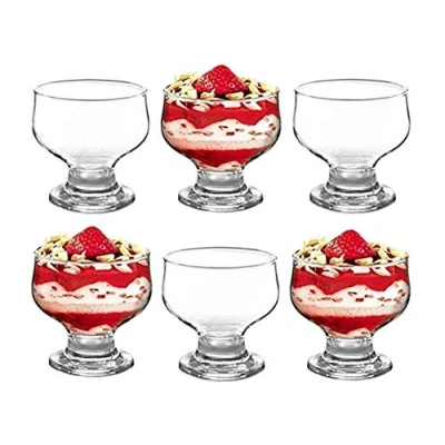 Image of GK Global Kitchen Glass Dessert Bowls Sundae Ice Cream Set of 6 Short Stemmed Tulip Prawn Cocktail Glasses Appetiser Fruit Salads Pudding Dishes Footed