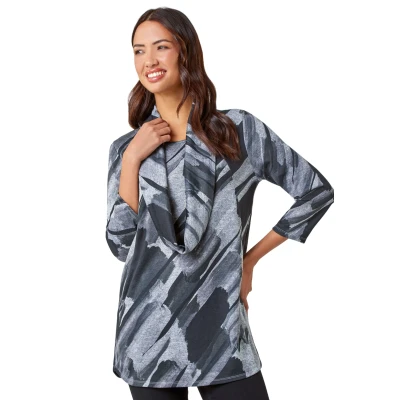Image of Roman Originals Tunic Top with Snood for Women UK Ladies Jersey Blouse Smart Winter 3/4 Sleeve Party Occasion Autumn Spring Work Flattering Evening Going Out Everyday Charcoal Size 10