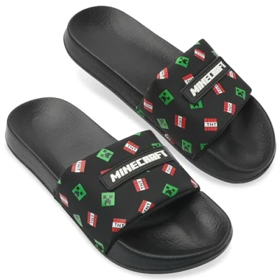 Image of Minecraft Boys Sliders or Flip Flops for Beach and Pool Gifts (Black Sliders, 10 10.5 UK)
