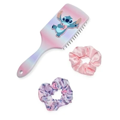 Image of Disney Lilo &amp; Stitch Womens Hair Brush and Scrunchie Set Adults Multicoloured Printed Bobble Paddle with 3D Character Detangling Cushion Band Movie Merchandise Gift