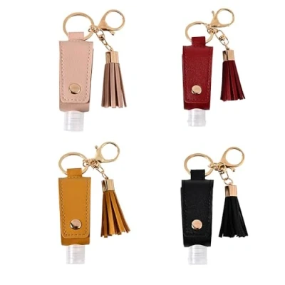Image of ZHUOEEDAAY 4PCS Refillable Travel Bottles Empty Leakproof Plastic Bottle with Leather Keychain Oil for Hand Sanitizer, Travel, Outdoor Activities, School