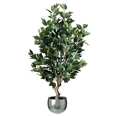 Image of Leaf Realistic Artificial Tree with Planter, Mixed Materials, Dark Bushy Ficus Silver Curve, 100cm