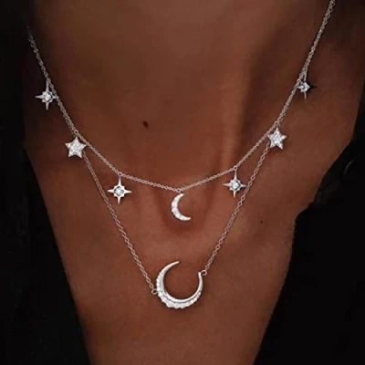 Image of Prosy Boho Layered Rhinestones Moon Necklace Silver Star Crescent Pendant Chain Jewelry Adjustable for Women and Girls