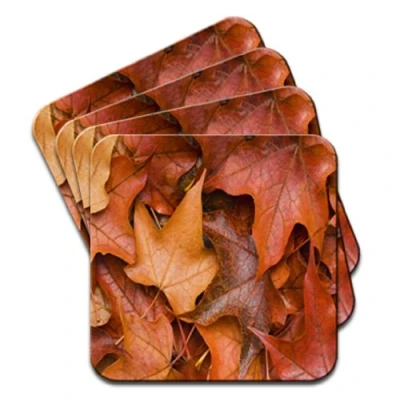Image of Glistening Wet Golden Brown Orange Autumn Leaves Set Of 4 Premium Wooden Coasters