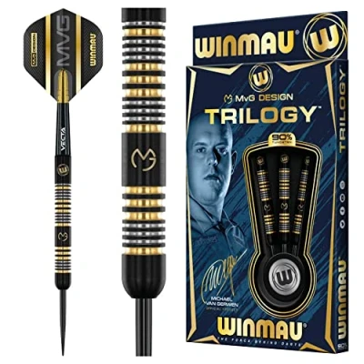 Image of WINMAU Michael Van Gerwyn MvG Trilogy 24g Gram Professional Steeltip Tungsten Darts Set with Flights and Stems (Shafts)