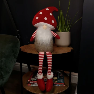 Image of 53cm Stripey Red Plush Sitting Christmas Boy Gonk with Dangly Legs and Mushroom Hat