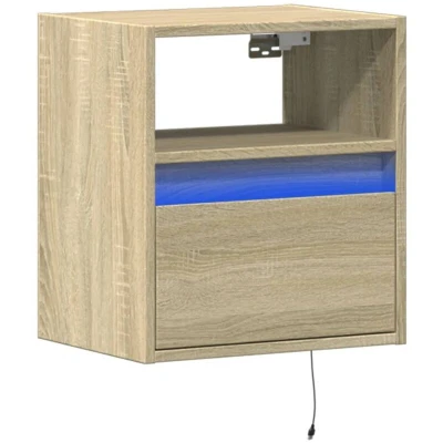 Image of vidaXL TV Wall Cabinet Sonoma Oak Floating Unit with RGB LED Lights Engineered Wood Living Room Entertainment Center/TV Stand Storage Drawers 41x31x45 cm