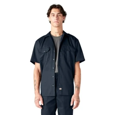 Image of Dickies Men&#039;s Short Sleeve Work Big and Tall Button Down Shirt, Dark Navy, 5XL Plus UK