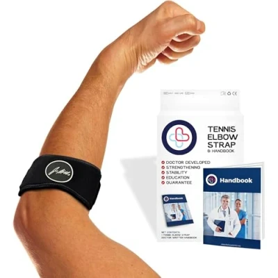 Image of Tennis Elbow Support Strap with Doctor Handbook Reliable for Men &amp; Women Adjustable Brace Daily Wear, Gym, Sports, Rapid Pain Relief from Tendonitis (Black Single)