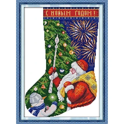 Image of OWN4B Cross Stitch Kits Pre Printed, Christmas Stocking Santa Claus Stamped Pattern 11CT 15.4x21.3 inch DIY Embroidery Kit (Sock 8)