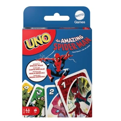 Image of Mattel Games UNO the Amazing Spider Man Card Game for Kids, Adults &amp; Family with Deck Special Rule Inspired by Marvel Comic Book Series, HXY08