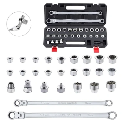 Image of AKM TOOL 27 PC Flex Head Ratcheting Wrench Set, Metric 72 Tooth 8 22mm Extra Long Double Box End Ratchet Set