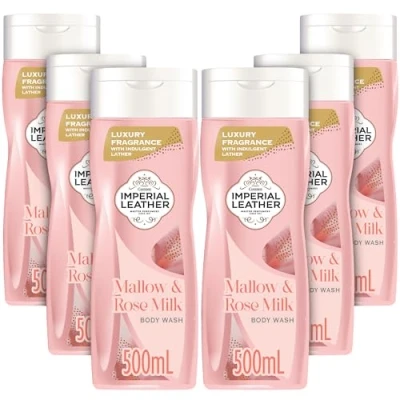 Image of Imperial Leather Mallow &amp; Rose Milk Pampering Body Wash Shower Gel, Signature Oil Blend, Creamy Lather, Gentle Skin Care, Bulk Buy, Pack of 6x500ml