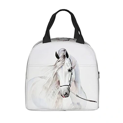 Image of PAQGSREM Watercolor White Horse Lunch Box Insulated Bags for Kids Boys Girls Reusable Tote Bags, Perfect School/Camping/Hiking/Picnic/Beach/Travel