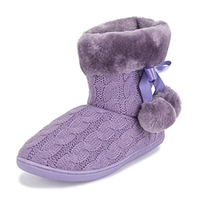 Image of Polar Womens Memory Foam Pom Winter Faux Fur Luxury Plush Cosy Anti Slip Indoor Outdoor Slippers Purple Knitted 6 YC0810_6