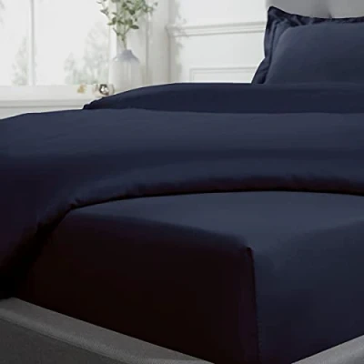 Image of Sleepdown Fitted Sheet 100% Cotton Sateen Soft Cosy 16&quot; 40cm Extra Deep 300 Thread Count Luxury Bedding Bedsheet Bed Linen Navy Blue Single, 5056242826088