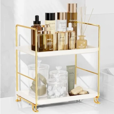 Image of FSyueyun 2 Tier Makeup Shelf Organizer, Kitchen Spice Rack or Bathroom Countertop Organizer Vanity Bedroom Storage Tray (Gold)