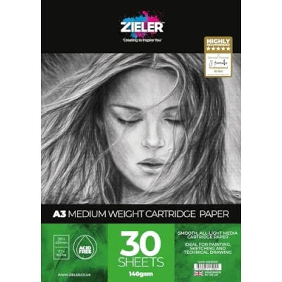 Image of Medium Weight Cartridge Paper Pad 140gsm, 30 Sheets (Smooth) by Zieler™ Suitable for Painting, Sketching &amp; Technical Drawing. (A3)