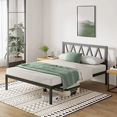 Image of Novilla 30.5cm Metal King Size Bed Frame, 5FT Frame with Headboard, Engineered Wood Slat Support, Solid Support Leg, Easy Assembly, Silent Design, Underbed Storage Space, 150x200cm, Black