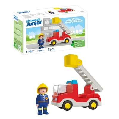 Image of PLAYMOBIL 71683 JUNIOR: ladder Unit Fire Truck, with extendable and firefighter, sustainable toy made from plant based plastics, gifting toy, play sets suitable for children ages 1+