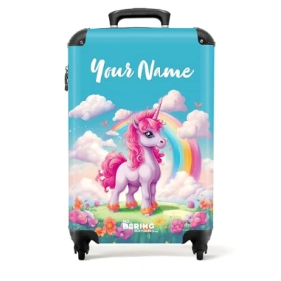 Image of NoBoringSuitcases.com® Children&#039;s Luggage Kids Suitcase for Girls Personalised Cabin Unicorn Design on Wheels 55x40x20cm 20 Inch 10kg