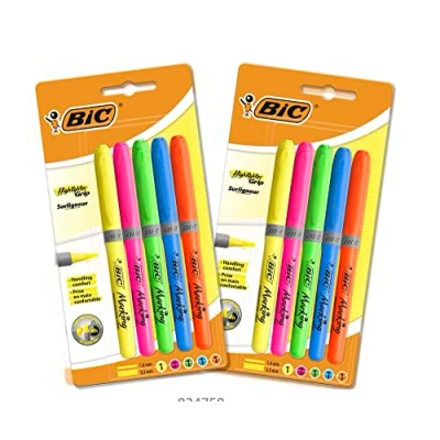 Image of Bic 511032 Highlighter Grip Pens with Modular Chiselled Nib and Water Based Ink Assorted Colours 10 (2 Packs of 5)