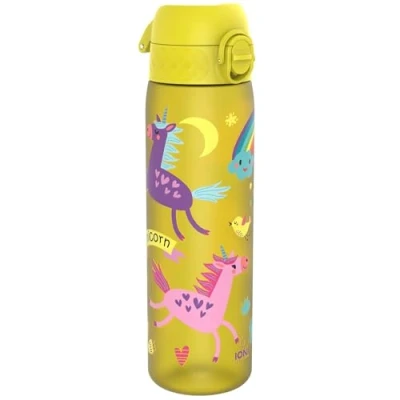 Image of Ion8 500ml Water Bottle, BPA Free, Leakproof, Dishwasher Safe, Easy Open, Secure Lock, Clear Drinks Bottle for Boys &amp; Girls, Small Gym Sports Drinking 500ml, Yellow, Unicorns Design