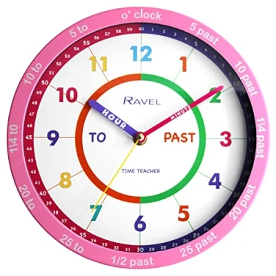 Image of Ravel Children&#039;s 25cm Time Teacher Wall Clock R.KC.08 Analogue Quartz Pink
