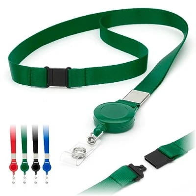 Image of Green Retractable Lanyards Badge Holder by LanyardsTomorrow 15mm Flat Plain Neck Straps with Safety Breakaway Pull, ID Holders Extendable Reel Clip Pack of 10