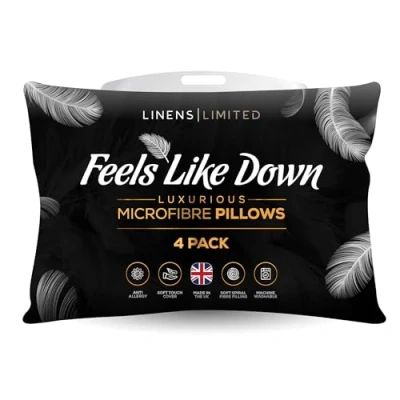 Image of Linens Limited Soft Pillows 4 Pack, Hotel Quality, Luxurious Bounce Back Pillows, Feels Like Down, Firm and Orthopedic Support, Non Allergenic Microfibre, Machine Washable (White)
