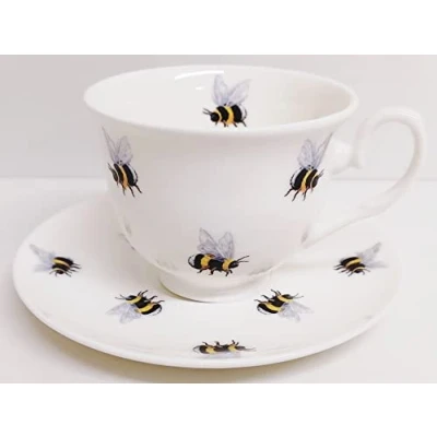 Image of Rainbow Decors Bees Tea Cup &amp; Saucer Fine Bone China Bumblebee Hand Decorated UK