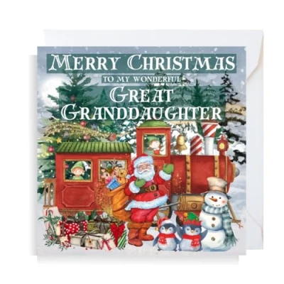 Image of Second Ave Great Granddaughter Christmas Train Santa Snowman Children&#039;s Kids Square Xmas Holiday Festive Greetings Card