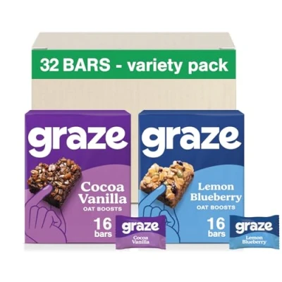 Image of Graze Cocoa Vanilla &amp; Lemon Blueberry Oat Boost bars snacks Made With Whole Oats and Natural Flavours 8x4 snack Total of 32