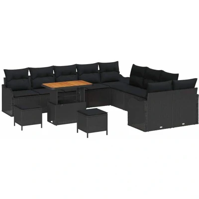 Image of vidaXL 13 Piece Garden Sofa Set with Cushions Black Poly Rattan Acacia