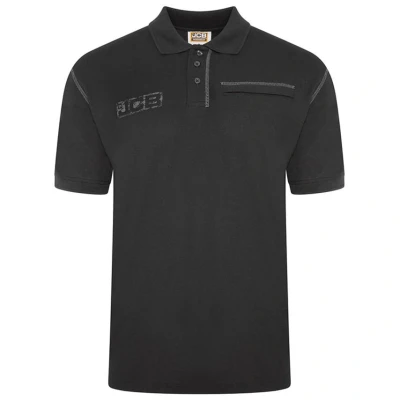 Image of JCB Workwear Trade Work Polo Shirt Mens for Accents Zipped Phone Pocket 100% Cotton Black Size L