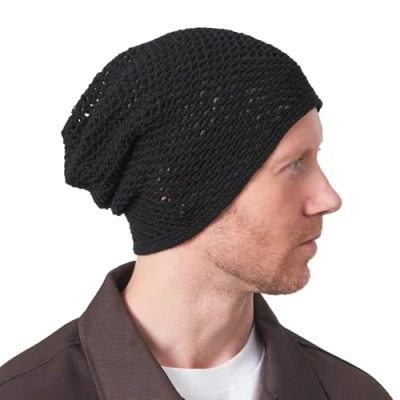 Image of Lightweight Summer Beanie Hat for Men, Cotton Mesh Women, Hand Made Knit Cap Black