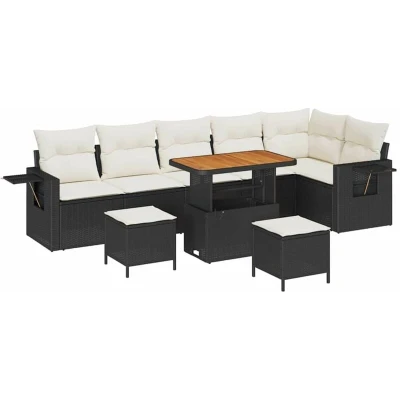 Image of vidaXL 9 Piece Garden Sofa Set with Cushions Black Poly Rattan Acacia
