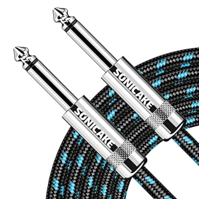 Image of SONICAKE Braided Guitar Cable 6m/20ft Instrument 6.35mm 1/4&quot; Straight Angle to Black Blue