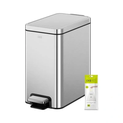 Image of EKO 6 Litre Stella Slim Step Bin, Fingerprint Resistant Stainless Steel Pedal Rubbish Bin with Removable Inner Liner (Silver)