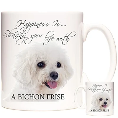 Image of Bichon Frise Mug, Happiness is Sharing Your Life with A Frise. 11oz Ceramic Mug. Gift for Mums and Dads