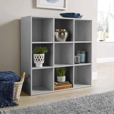 Image of Home Source Storage 9 Shelf Cube Bookcase Wooden Display Unit, Grey