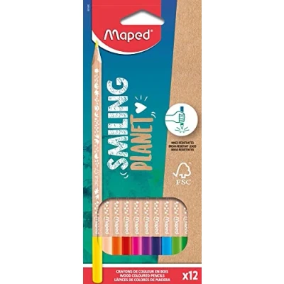 Image of Maped Smiling Planet Natural Wood Coloured Pencils 12 Bright Colours Drawing for Children Ergonomic Triangular Colouring Pencil Pack of FSC Certified Wooden