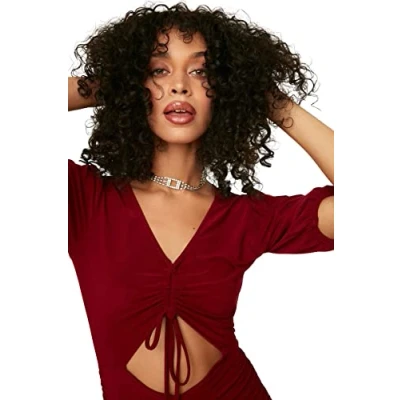 Image of Trendyol Women Glam Midi Bodycon Fitted Knit Dress Burgundy