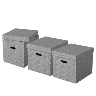 Image of Esselte Large Storage Cubic Box With Lid, Pack Of 3, Suitable For Home/Office &amp; Organisation, 100% Recycled Cardboard, Recyclable, Geometric Design, Grey, 628289