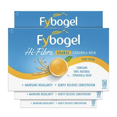 Image of Fybogel Hi Fibre, Orange, 30 Sachets X 4, 120 Total, Ispaghula Husk, Laxatives for Constipation, Maintains Regularity, Effective Dual Action, Fast Relief, Laxatives, Digestion and Nausea