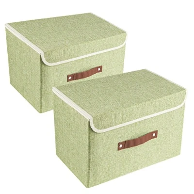 Image of TYEERS Collapsible Storage Box with Lid, Fabric for Clothes, Wardrobe Storage, 38x25x25 cm, Set of 2, Green