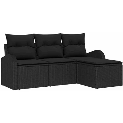 Image of vidaXL 4 Piece Garden Sofa Set with Cushions Black Poly Rattan