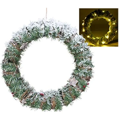 Image of URBNLIVING Pre Lit Christmas Wreath Decorated Warm White Led Lights Lighted Pine Home Decor 40cm
