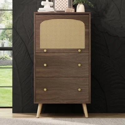 Image of BTM Freestanding Storage Cabinet, Rattan Sideboard with 2 Drawers and 1 Upward Flip Door, Wooden Cupboard for Living Room Kitchen, L60xW40xH113cm